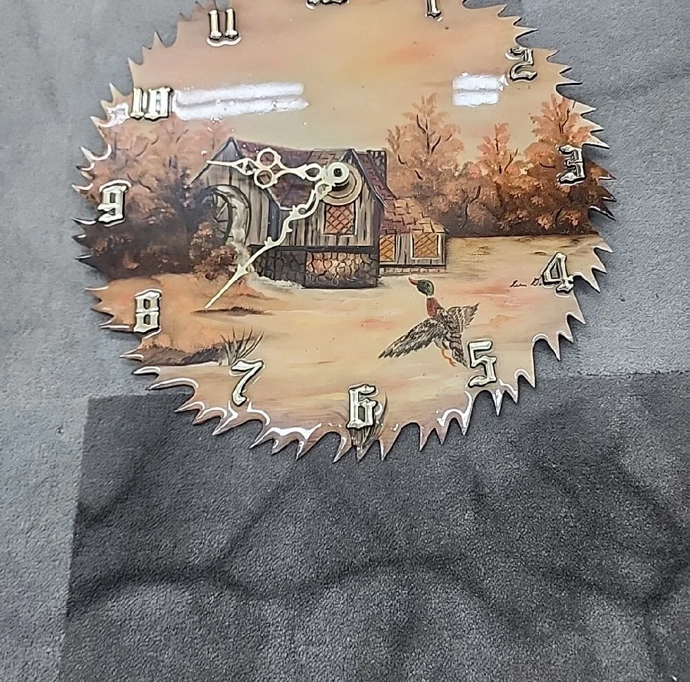 Vintage Hand-Painted Rustic Landscape Saw Blade Wall Clock - Orange Brown